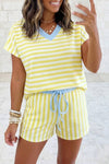 Stripe Short Sleeve V Neck Top Drawstring Waist Short Set