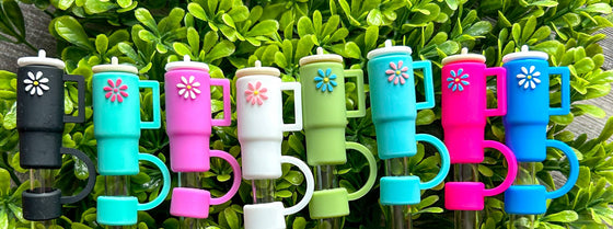 Tumbler with Daisy Silicone Straw Topper Set of 8