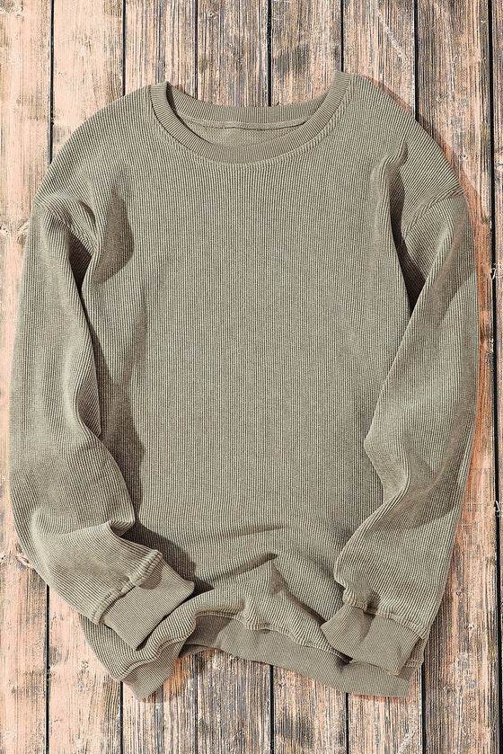 Solid Ribbed Knit Round Neck Pullover Sweatshirt