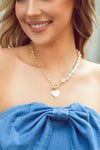 Heart Shape Pendant Rhinestone Decor Pearl Chain Necklace