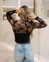 Black Mock Neck Floral Lace Mesh Long Sleeve Top