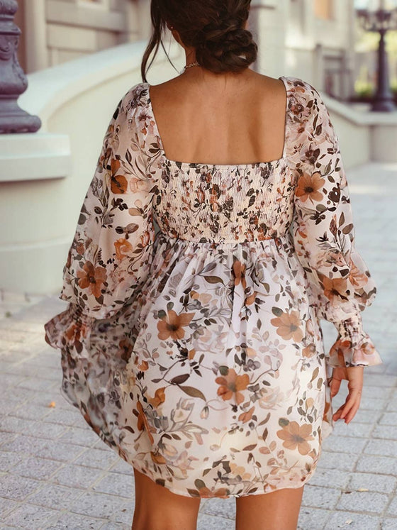 Floral Sweetheart Neck Long Sleeve High Waist Mini Dress