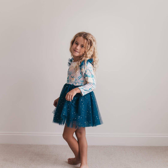 Kids Teal Blue Floral Print Sparkle Tulle Dress