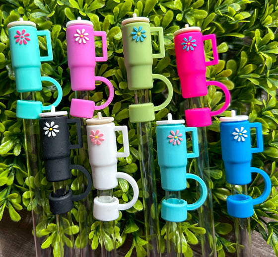 Tumbler with Daisy Silicone Straw Topper Set of 8