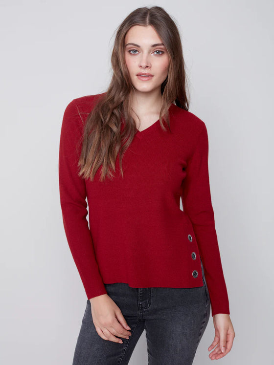 Charlie B V-NECK SWEATER W/SIDE SLIT W/EYELET DETAIL