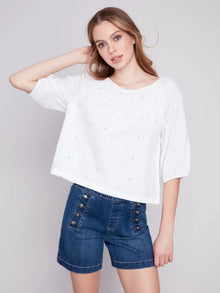  Charlie B Embroidered Off-Shoulder 3/4 Sleeve Lined Top