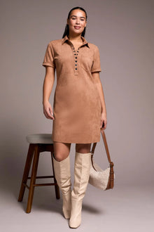  Faux Suede Dress w/Front Pocket Eyelet Detail & Pockets
