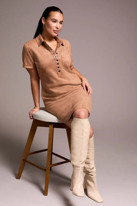 Faux Suede Dress w/Front Pocket Eyelet Detail & Pockets