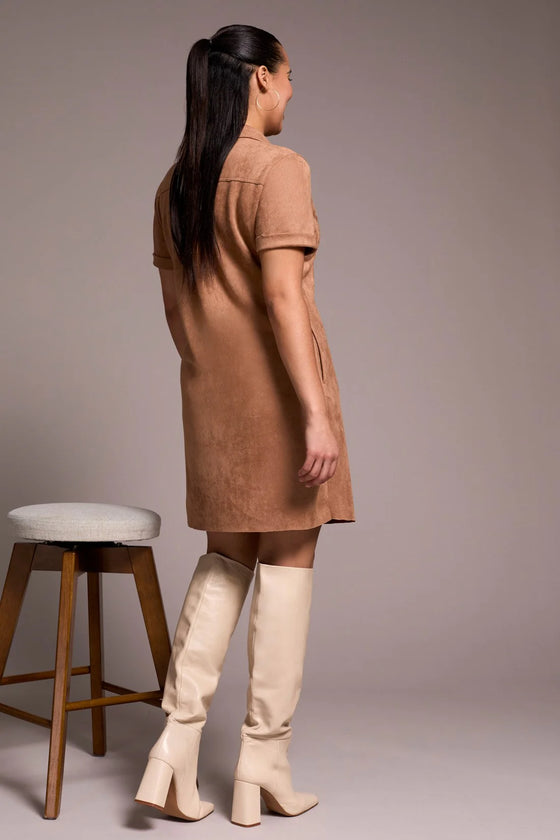 Faux Suede Dress w/Front Pocket Eyelet Detail & Pockets