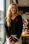 Nebraska Black & Red Cropped V-Neck Sweater