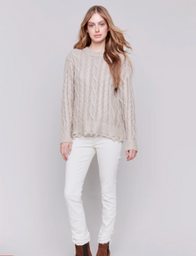  Charlie B Foiled Cable Knit Crew-Neck Sweater w/Distressed Hem