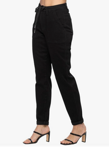  High Waist Jet Black Double Roll Cuff Jogger