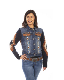  Scully Aztec Embroidered Denim Jacket w/Sweater Sleeve