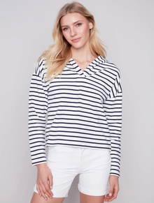  Striped V-Neck Hoodie w/High/Low Hem