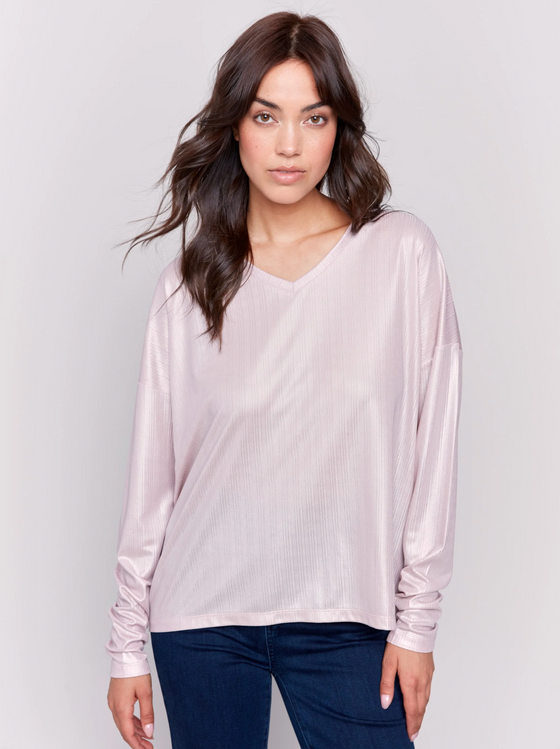 Foiled Rib Jersey Long Sleeve V-Neck Drop Shoulder Top