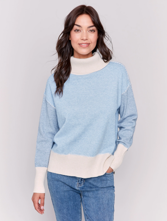 Color-Block Cowl-Neck Sweater w/Blanket Stitch Detail