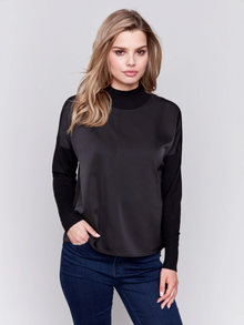  Mock-Neck Satin Knit Combo Drop Shoulder Top