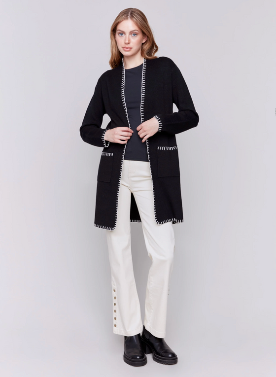 Long Cardigan w/Contrast Blanket Stitch