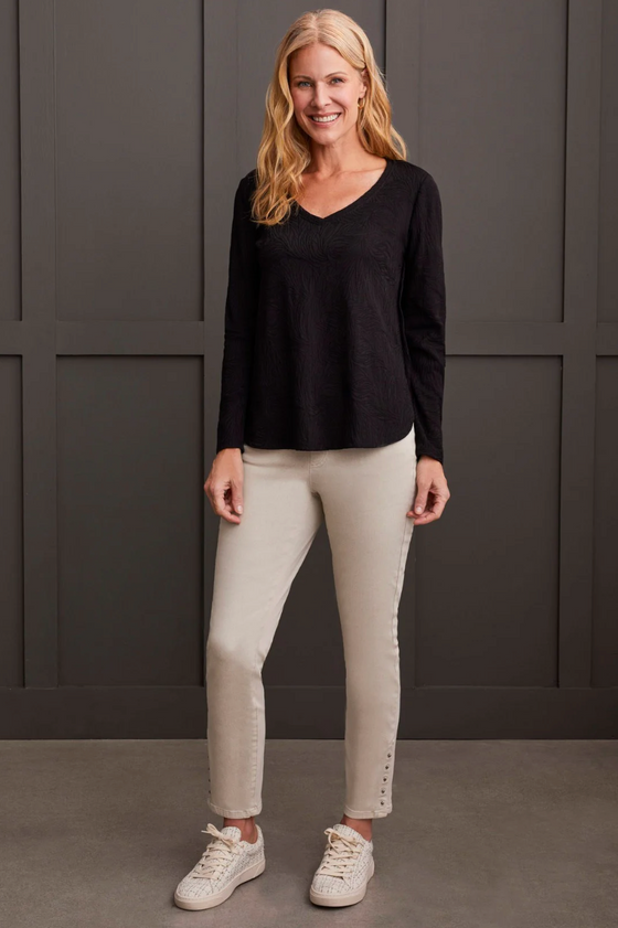 Long Sleeve V-Neck Top w/Curved Hem