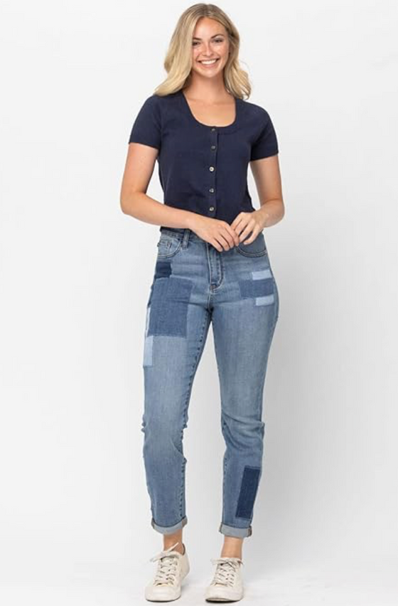 High Waist Boyfriend Jean w/Patches, Double Rolled Cuff