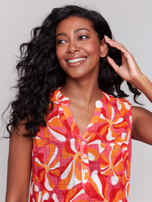  Printed Sleeveless Shirt w/High-Low Hem & Chest Pocket