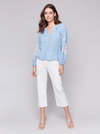 Raglan Long Sleeve Blouse w/Embroidery
