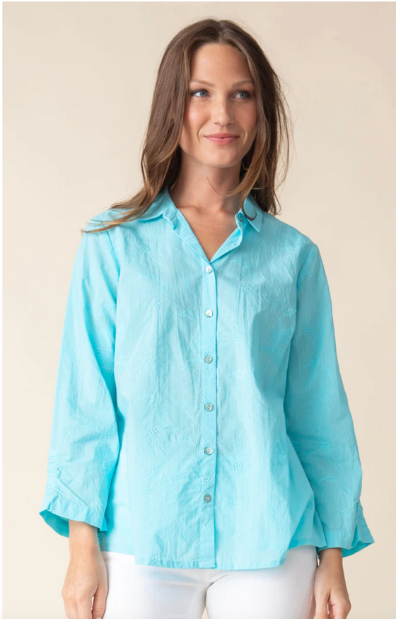 Floral  Embroidery Ruched Sleeve Shirt