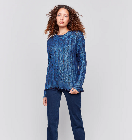 Charlie B Foiled Cable Knit Crew-Neck Sweater w/Distressed Hem