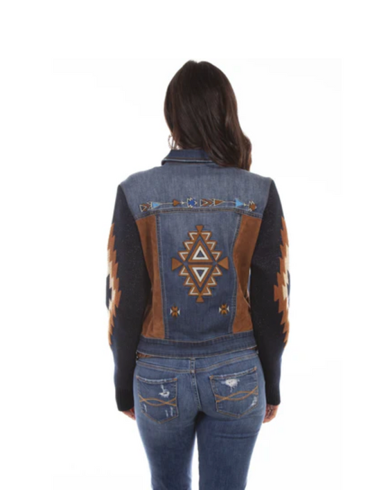 Scully Aztec Embroidered Denim Jacket w/Sweater Sleeve