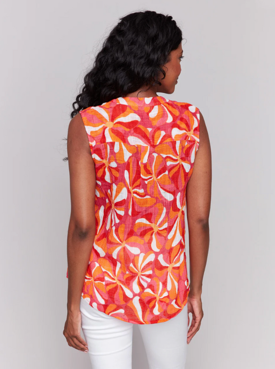 Printed Sleeveless Shirt w/High-Low Hem & Chest Pocket