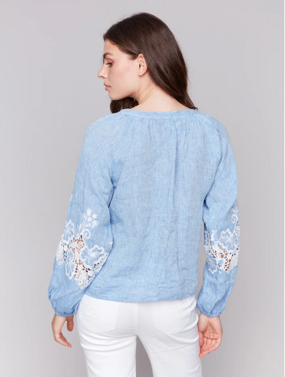 Raglan Long Sleeve Blouse w/Embroidery