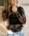 Black Mock Neck Floral Lace Mesh Long Sleeve Top