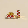 Red & White Checkered Enamel Huggie Earrings