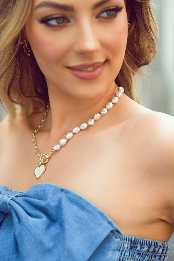 Heart Shape Pendant Rhinestone Decor Pearl Chain Necklace