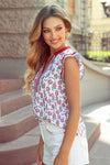 Sunflower Printed Contrast Trim V Neck Flutter Sleeve Blouse