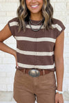 Brown Striped Short Sleeve Knit Western Sweater