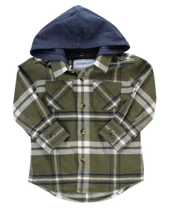Olive Plaid Hooded Button Down Shirt