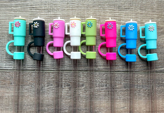 Tumbler with Daisy Silicone Straw Topper Set of 8