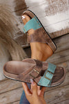 Suede Riveted Buckle Strap Slide Sandals