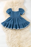 Denim blue Wide flare denim dress with white lace hem. DRG60290 JEAN