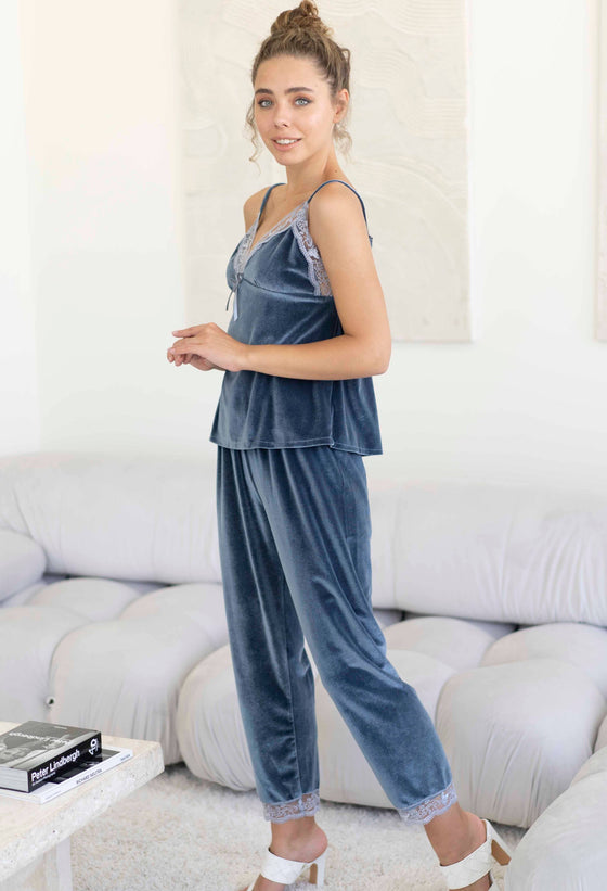 Blue-Grey Velvet Velour Dreamy Pajama Set