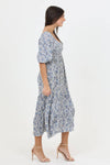 SMOCKED BODICE HALF PUFF SLEEVE MIDI DRESS