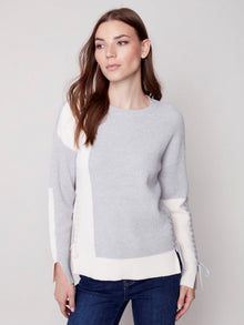  Charlie B CREW-NECK SWEATER W/COLOR-BLOCKING & SLEEVE/SIDE TIES