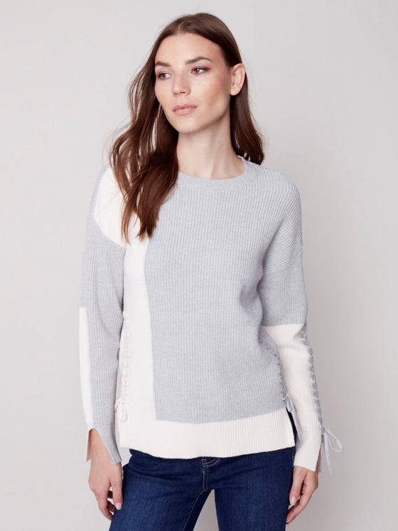 Charlie B CREW-NECK SWEATER W/COLOR-BLOCKING & SLEEVE/SIDE TIES