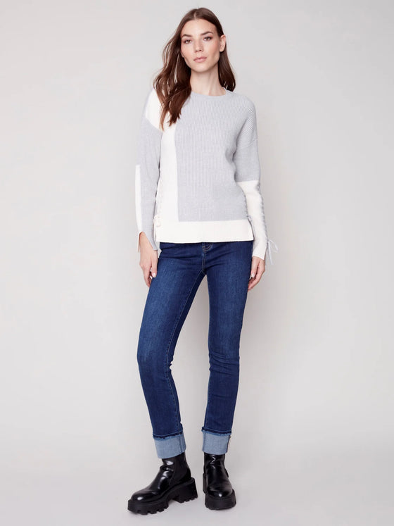 Charlie B CREW-NECK SWEATER W/COLOR-BLOCKING & SLEEVE/SIDE TIES