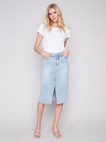  Charlie B Frayed Hem Denim Skort w/Front Slit