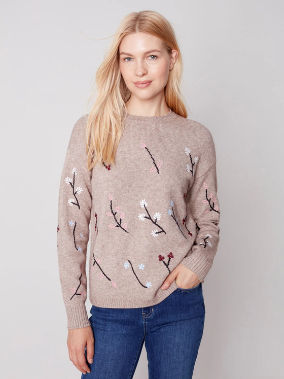 Charlie B CREW NECK DROP-SHOULDER SWEATER W/ FLOWER EMBROIDERY