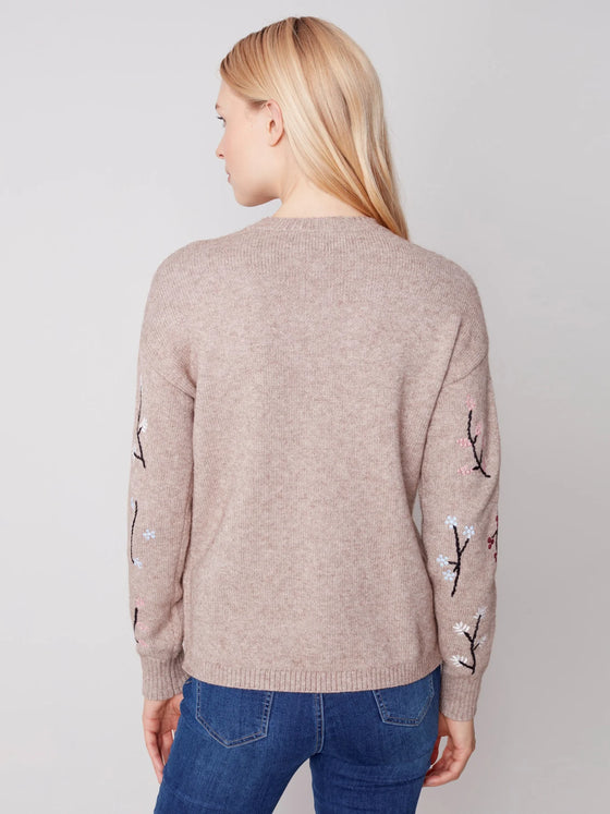 Charlie B CREW NECK DROP-SHOULDER SWEATER W/ FLOWER EMBROIDERY