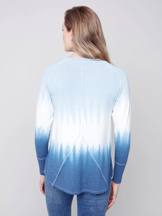 Charlie B TIE DYE CREW NECK RAGLAN SLEEVE TOP WITH BACK SEAMS