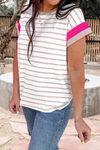 Stripe Color Block Trim Round Neck Top